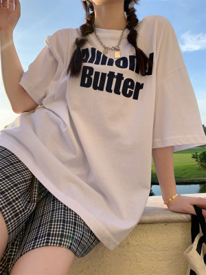 Short sleeve cotton T-shirt women's alphabet printing half sleeve new summer loose medium length top fashion