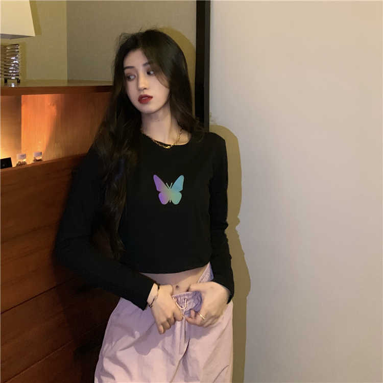 Cotton butterfly T-shirt women's long sleeve loose autumn new lovers' net red reflective printing top I fashion short