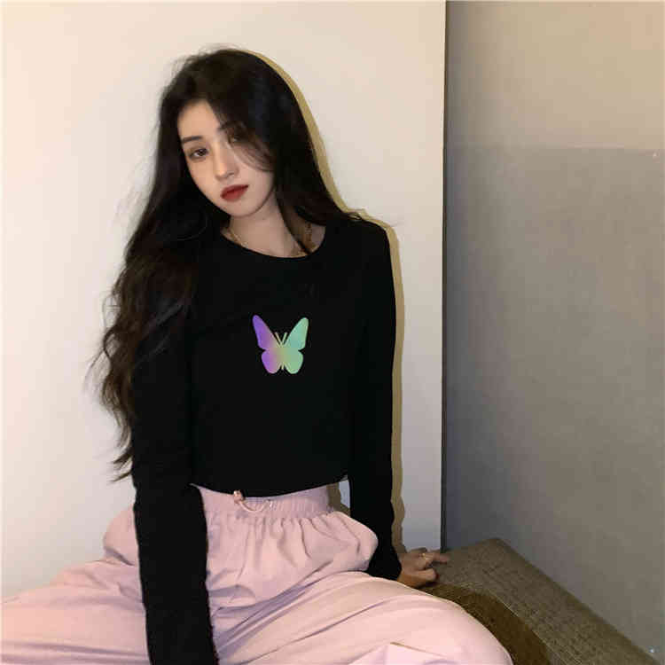 Cotton butterfly T-shirt women's long sleeve loose autumn new lovers' net red reflective printing top I fashion short