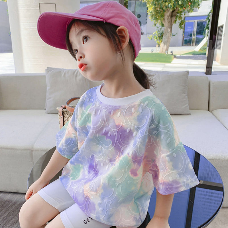 2021 new girls' short sleeve T-shirt foreign style children's summer dress tie dye smile face print children's top women's summer
