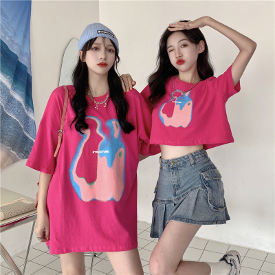 Fun print round neck short sleeve T-shirt women's new Korean loose and thin mid long top fashion