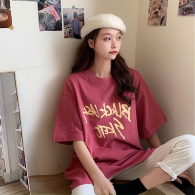 Versatile medium long short sleeve T-shirt women's spring new Korean student loose bottomed shirt