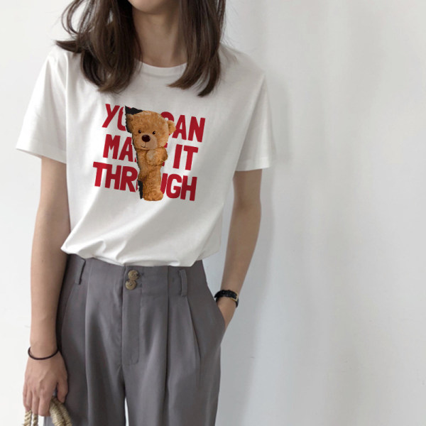 Cotton 2021 summer T-shirt women's short sleeve loose white student's large Casual Short Sleeve Top