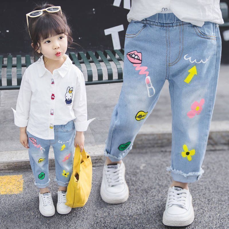 Children's clothing spring and autumn  new girls' Jeans Small and medium children's baby Leggings slim fit long pants trend