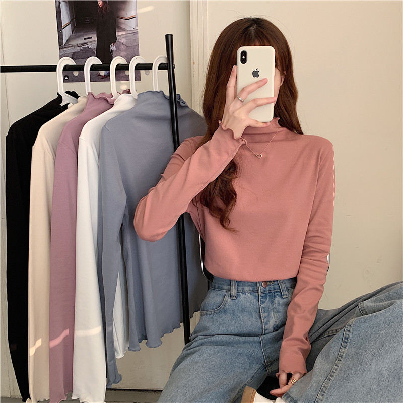 Half high collar bottomed shirt women's inner layer with spring and autumn thin velvet fungus edge top middle collar long sleeve T-shirt