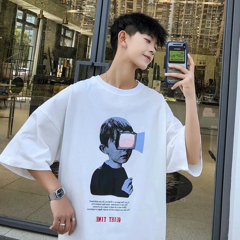 Summer Hong Kong style cotton short sleeve T-shirt fat men's and women's loose 5-point sleeve fashion brand plus large fashion bottoming shirt
