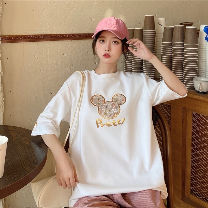 Summer new Korean loose ins fashion medium and long slim heavy industry printed Mickey cotton short sleeve white T-shirt for women