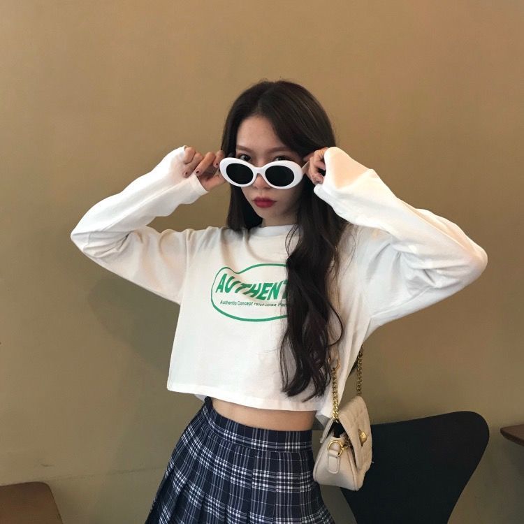 Net red high waist navel exposed short navel exposed long sleeve T-shirt women's slim top women