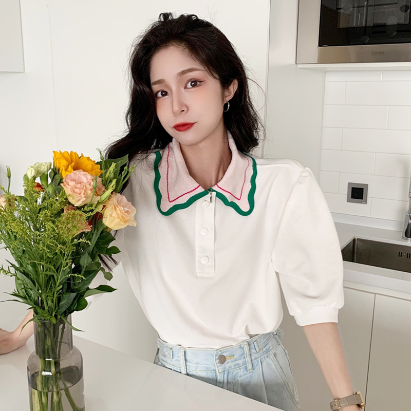 Sweet cool polo collar short sleeve T-shirt women's summer design sense of minority Hong Kong chic loose bubble sleeve chic top