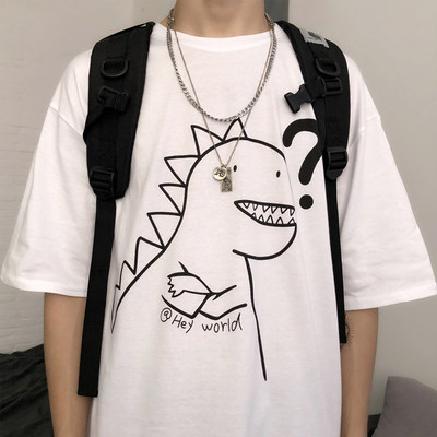 New t-shirt men's South Korean ins trend retro cartoon loose and versatile dinosaur monster bottoming Shirt Short Sleeve half sleeve body