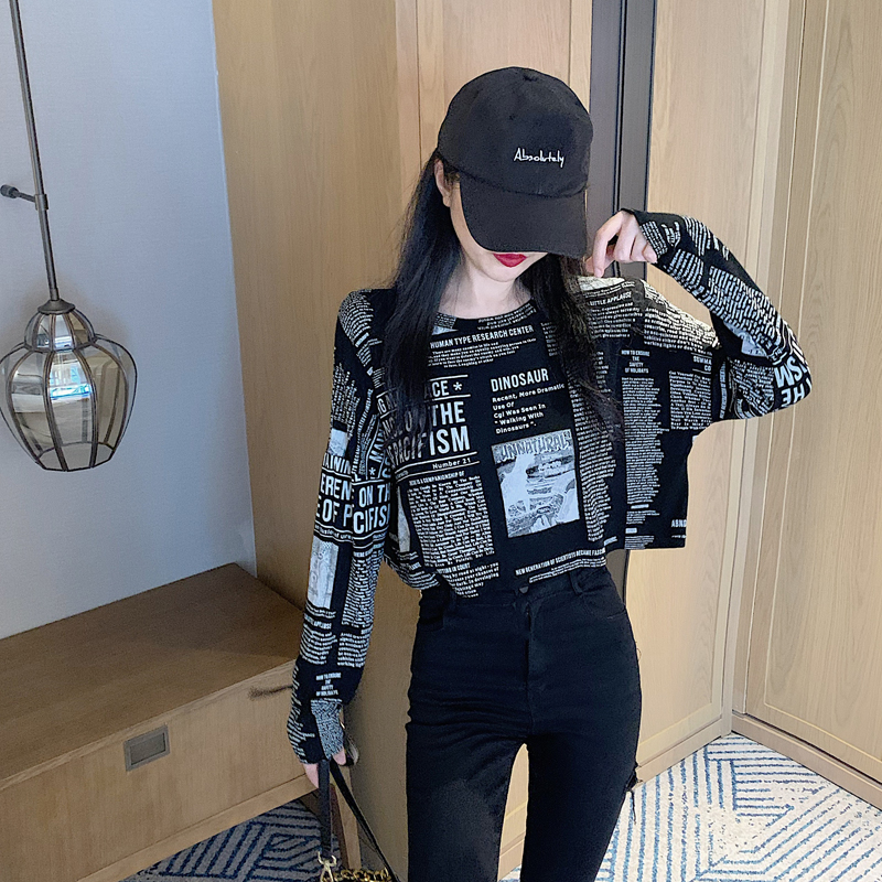 Design sense short top women's clothing spring and autumn new letters long sleeve T-shirt thin bottomed shirt European and American fashion summer