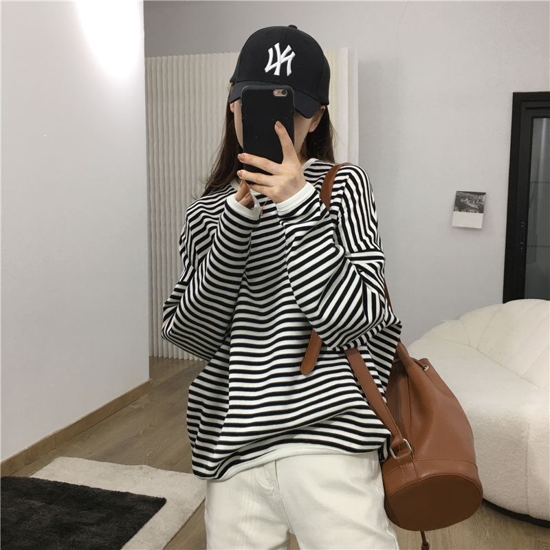 American Retro Vintage striped sweater women's Korean loose BF lazy style Guochao ins early autumn long sleeve top