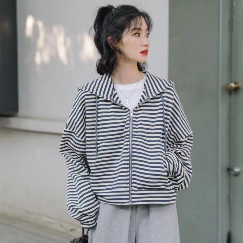 Fashion Korean women's loose thin stripe design long sleeve coat women's versatile sports coat women's coat