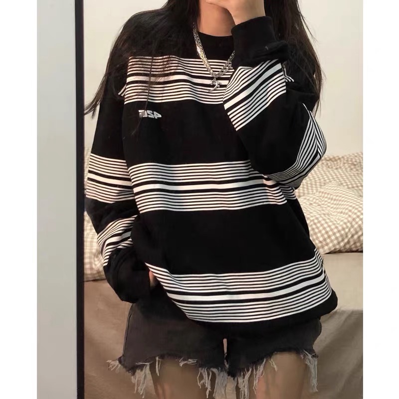 15% cotton 85 fiber autumn Vintage striped sweater women's thin crew neck top