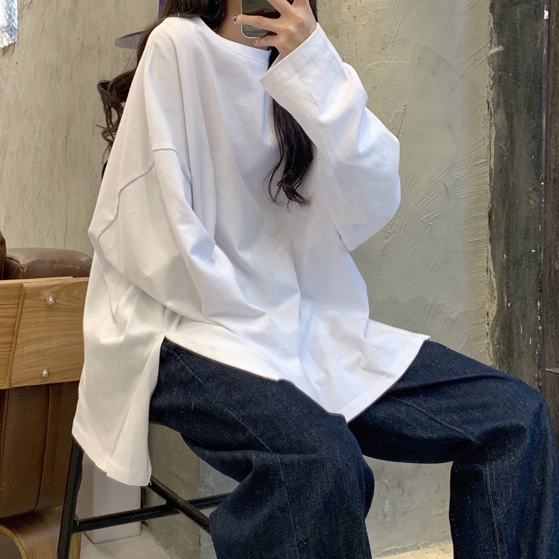 200g milk silk Korean version with side slit and loose white bottoming shirt ins long sleeve T-shirt for women