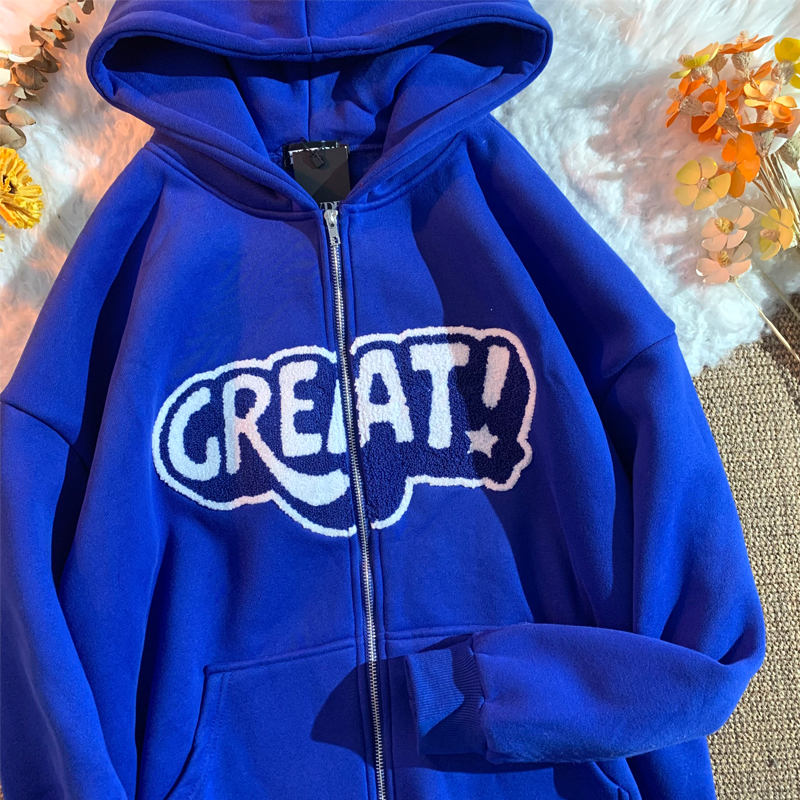 Klein Blue American retro embroidery letter sweater female autumn winter couple loose Plush Hooded Jacket cardigan fashion