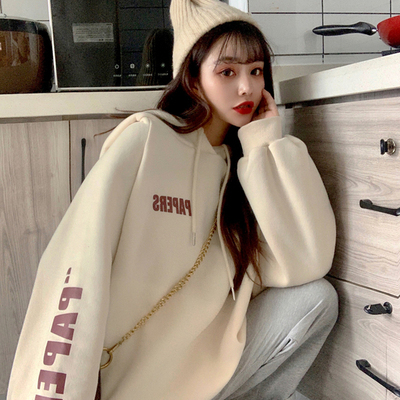 Winter new style hooded and fleece sweater women's thickened loose letter printed Pullover coat