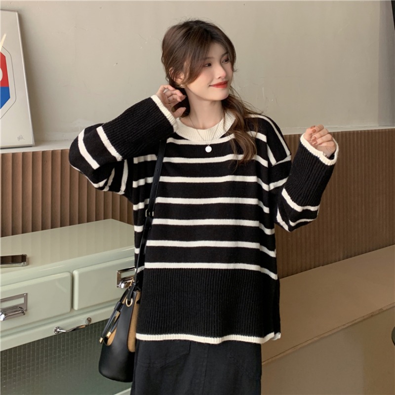 Side split 2021 large sweater new women's loose Korean medium and long round neck cover colorful striped sweater