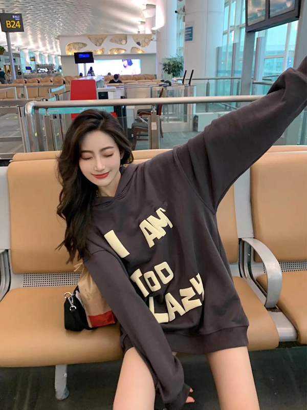 Women's sweater design sense of minority middle long autumn new loose foam letter printing oversize Hoodie