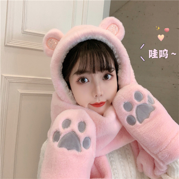 Plush bear ears hat scarf one girl winter new warm lovely hooded gloves versatile