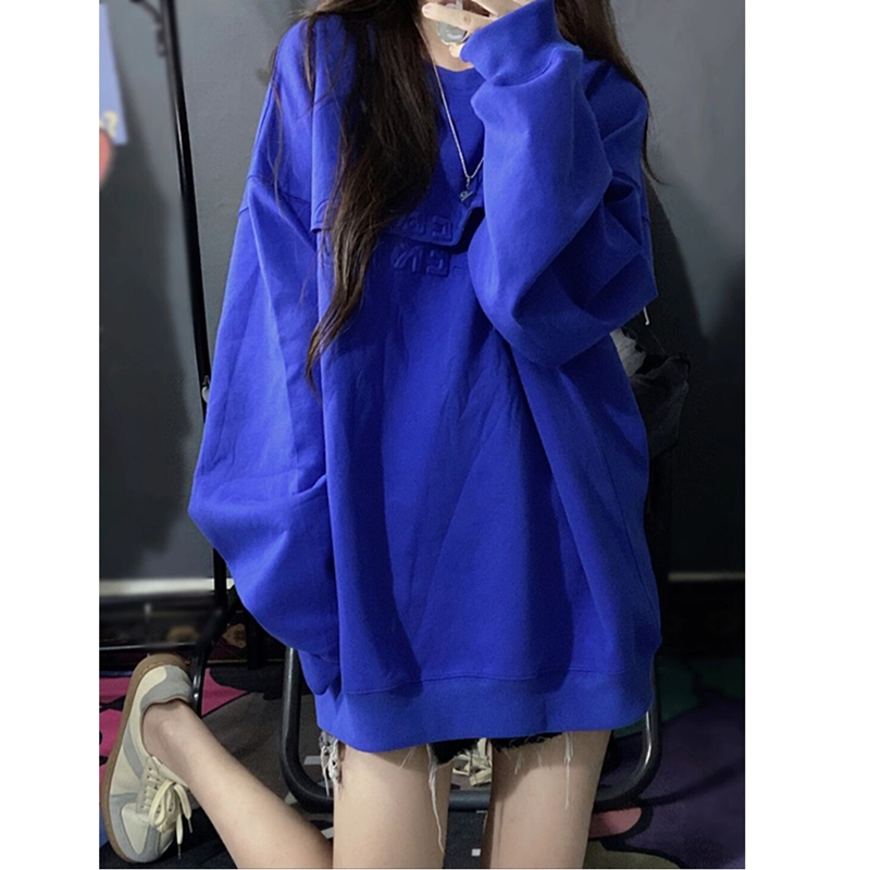 Klein Blue round neck sweater women's spring and Autumn New Korean loose design sense of minority oversize top women's fashion