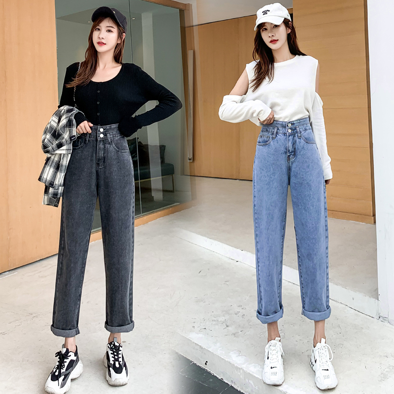 Real shooting high waist jeans women's loose Korean student autumn women's clothes new straight tube slim dad Harlan pants