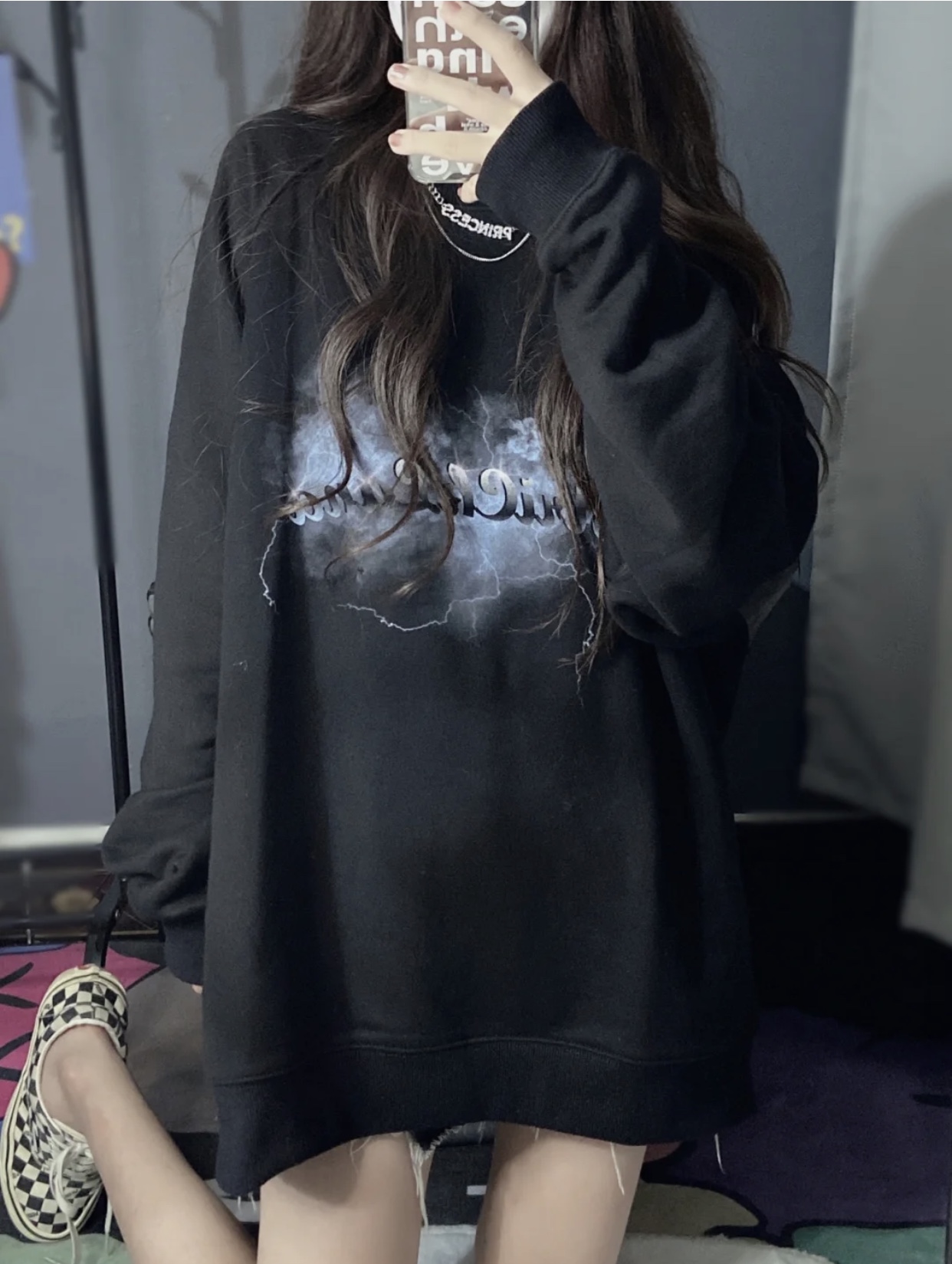 Black CEC sweater female spring and autumn Korean version oversize hoodless Plush coat ins fashion students loose clothes