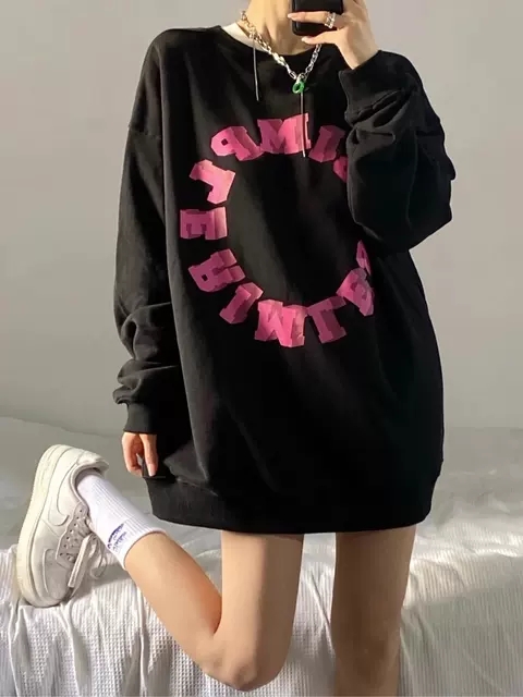 American retro hoodless sweater women's spring and autumn Korean version tide brand printed BF lazy thin coat loose student clothes