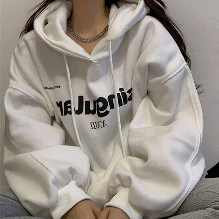 Letter print Hooded Sweater Plush women's autumn casual loose lazy style new American fashion long sleeve top
