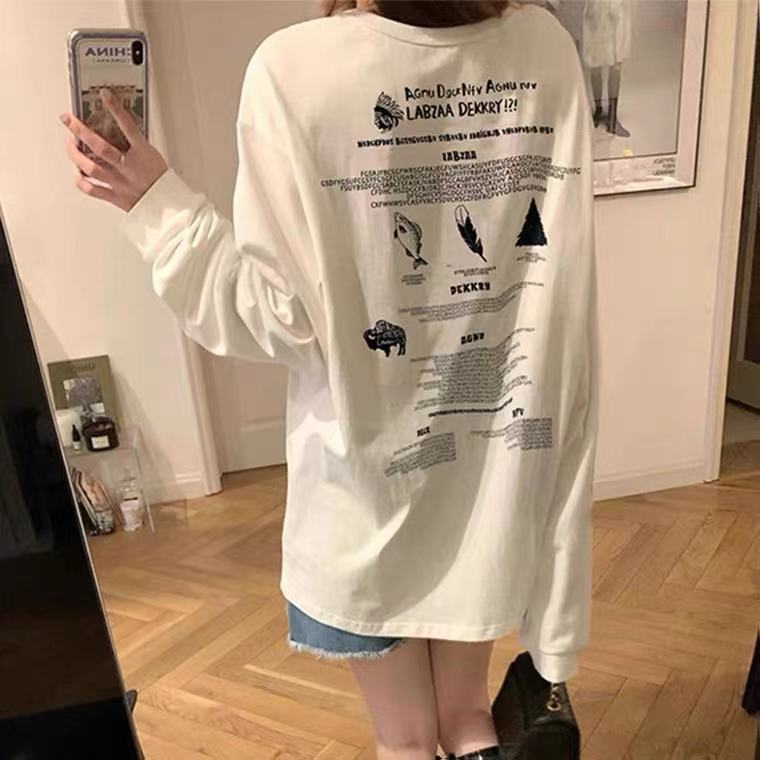 Guochao middle long T-shirt women's spring and autumn thin back letter High Street printing design BF round neck long sleeve top