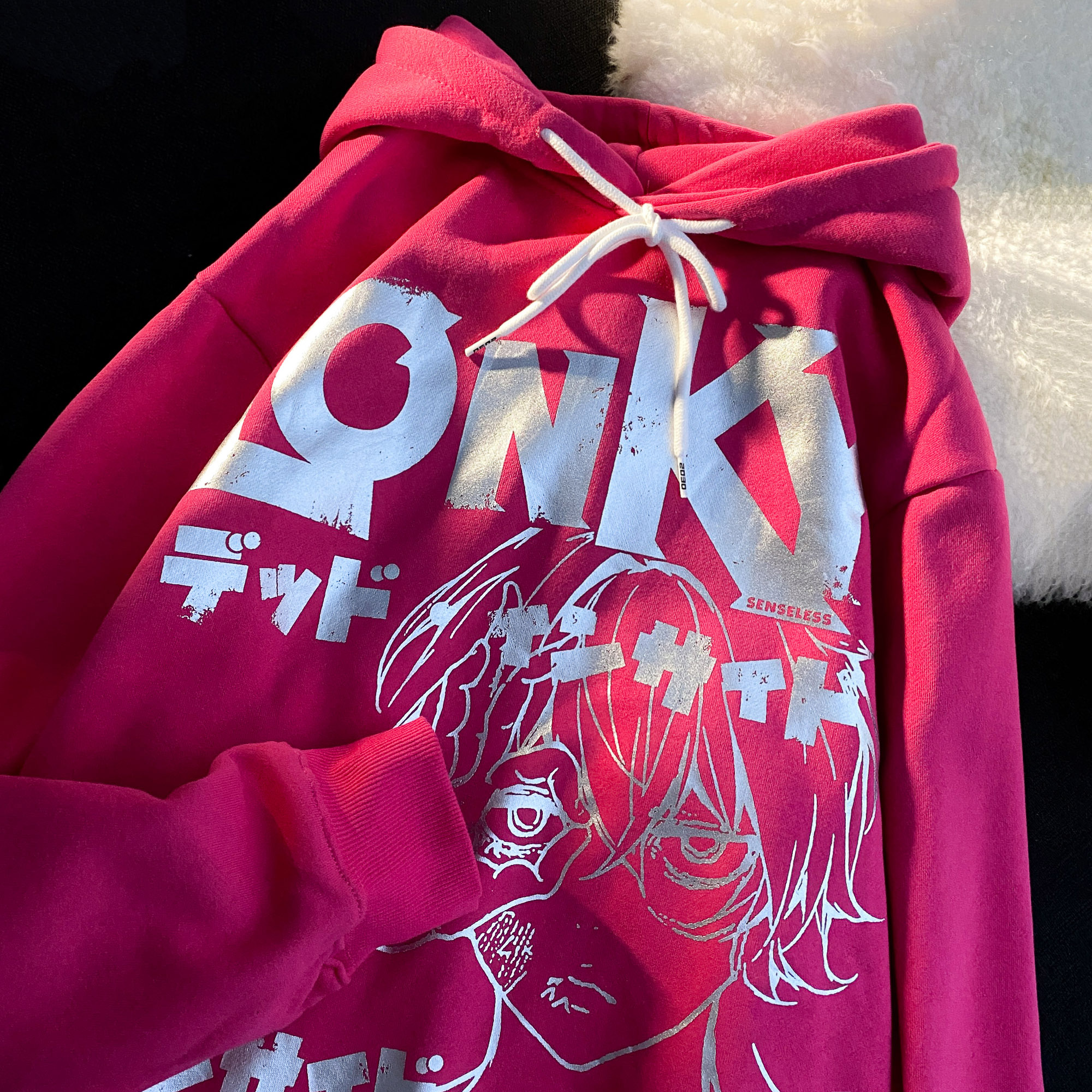 Rose red Japanese animation reflective hooded sweater for Female Minority loose Plush super fire CEC personalized Street coat
