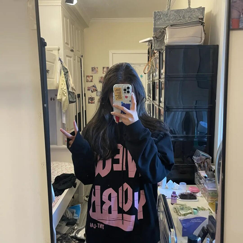 Retro port Chic Pink letter fried Street hooded sweater women's loose Korean version foreign style age reducing Pullover Top Fashion