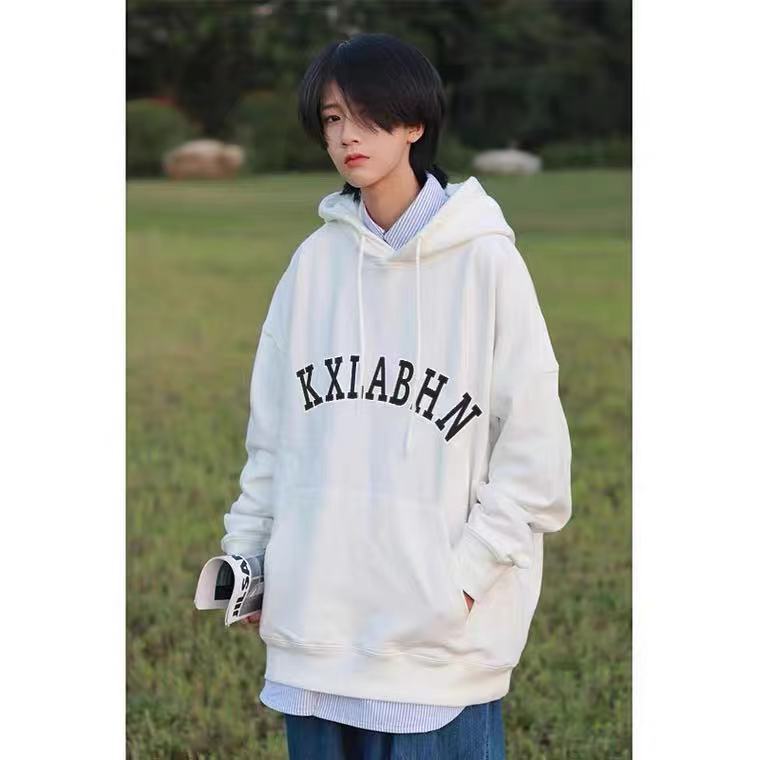 White hooded sweater women's autumn tide brand ins letter printing Pullover head clothes Hong Kong style trend handsome coat