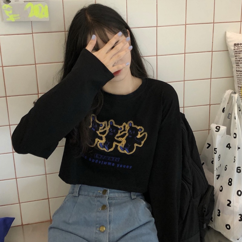 Net red bear letter printed short bottomed Shirt Top Women's loose long sleeve salt T-shirt