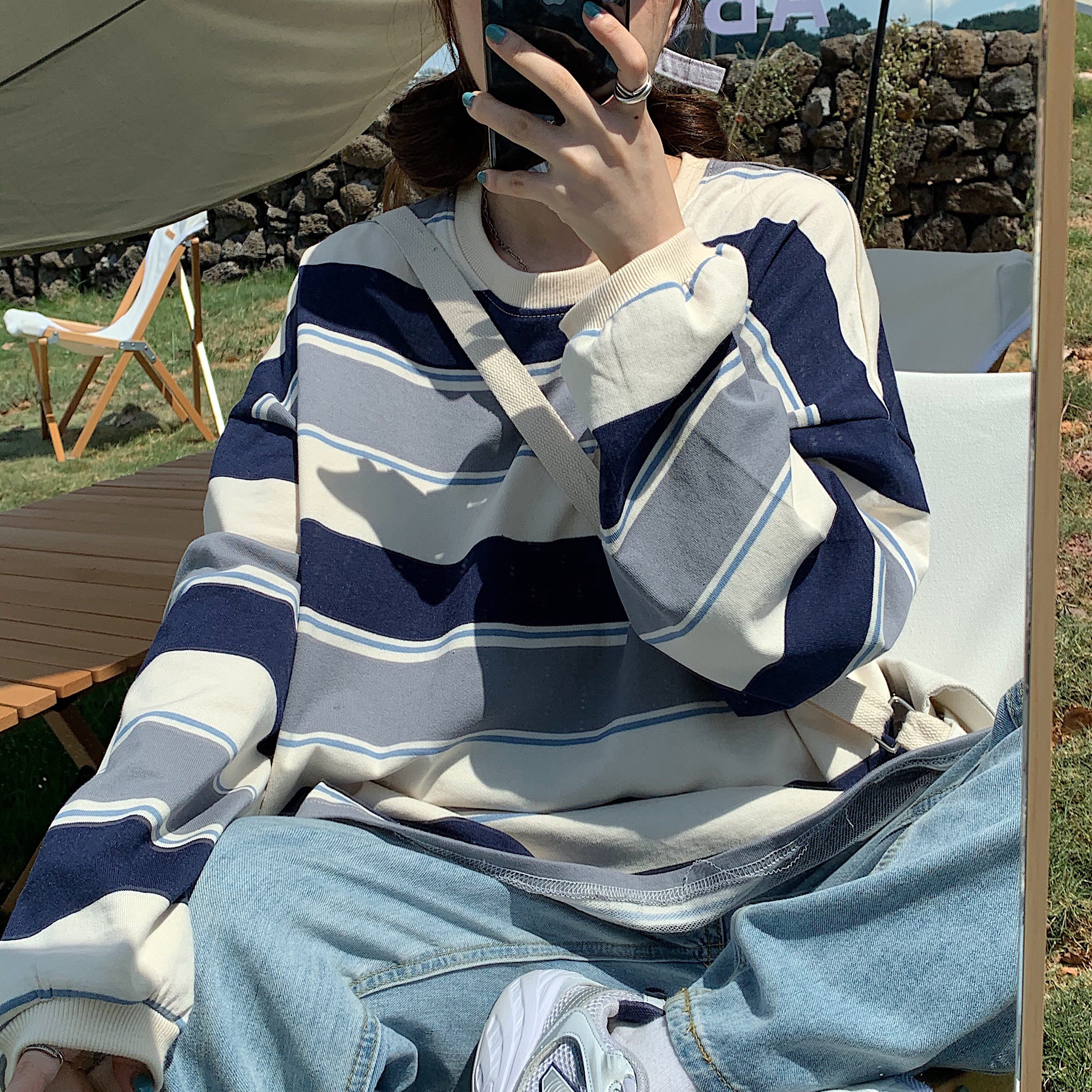 Autumn and winter new striped round neck sweater women's Plush thickened loose oversize Korean lazy style long sleeve top