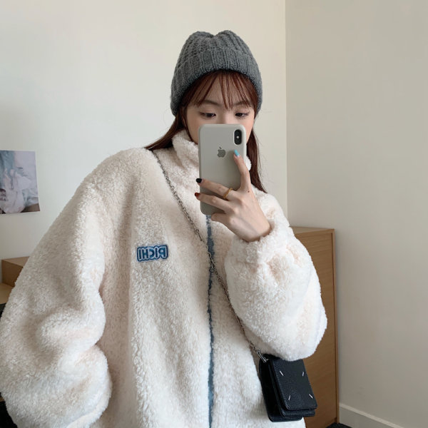 Imitation cashmere stand collar coat women's clothing autumn and winter new thickened hairy korean loose and versatile baseball suit