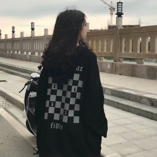 Hiphop black hooded sweater women's spring and autumn Plush loose BF lazy wind chessboard gegao Street coat