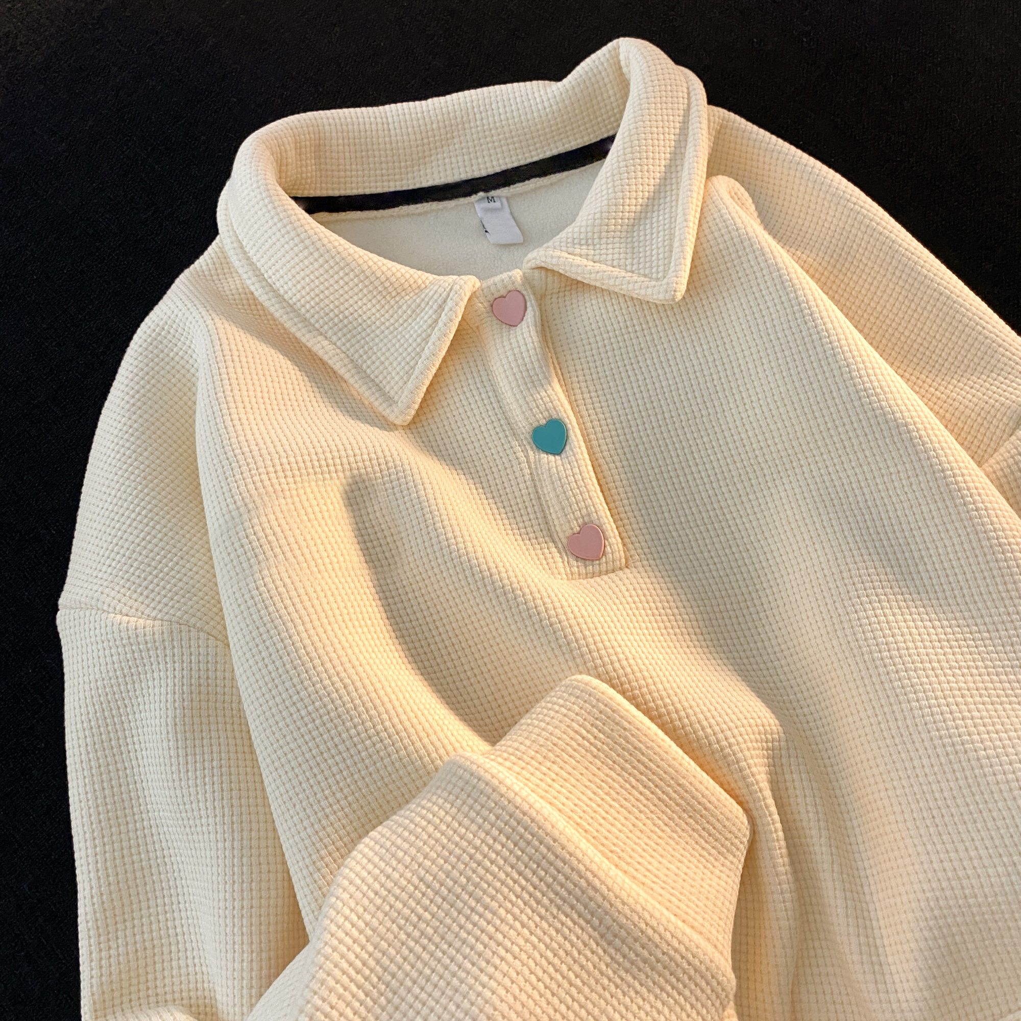 Soft milk yellow waffle love Polo Lapel sweater women's autumn loose minority design sense of chic top fashion