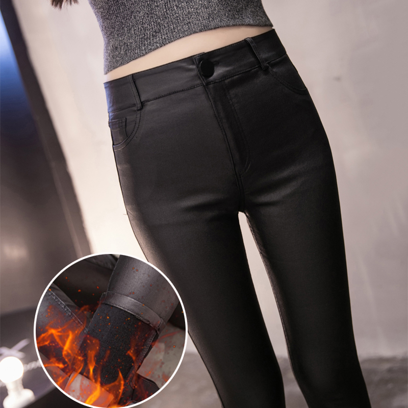 Autumn and winter matte high waist plush leather pants women's wear spring and autumn tight, thin and thick black leggings