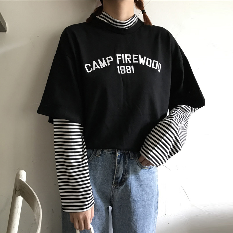 2021 autumn stitching fake two long sleeve t-shirts for women
