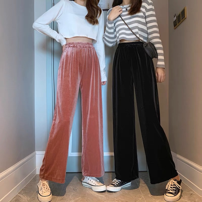 Golden velvet wide leg pants women's clothing autumn and winter New South Korea retro hanging feeling high waist thin straight tube floor dragging feeling pants fashion