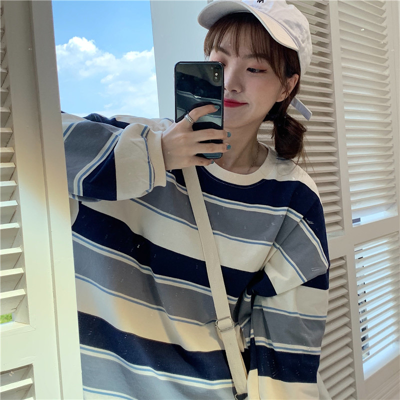 Sweater women's Korean 2020 spring and autumn stripe thin 75% polyester 25% cotton