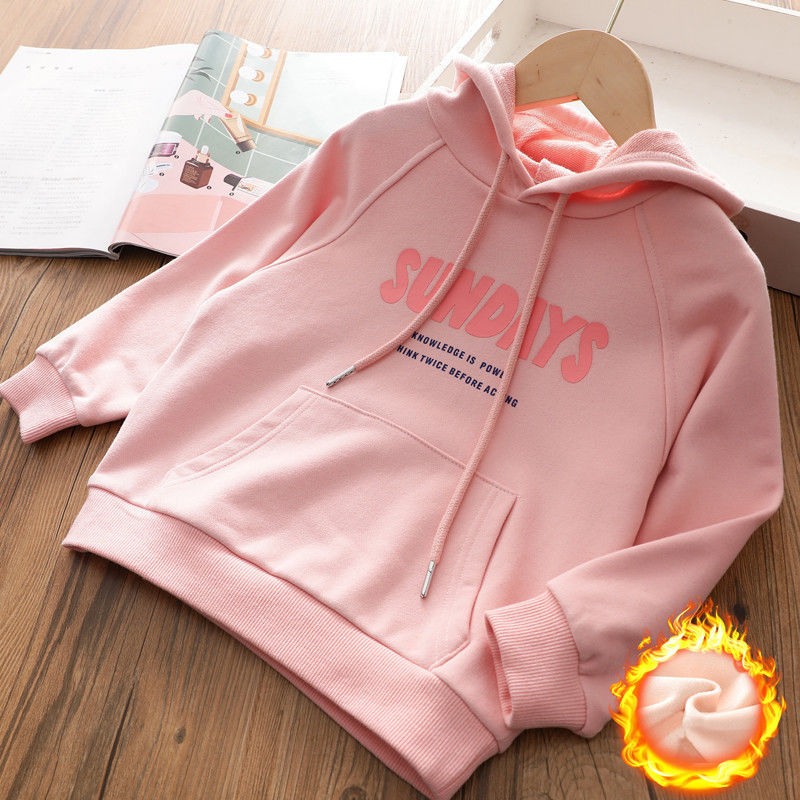 Girls' Plush thickened sweater 2021 new autumn and winter hooded leisure middle and large children's foreign style loose Korean top
