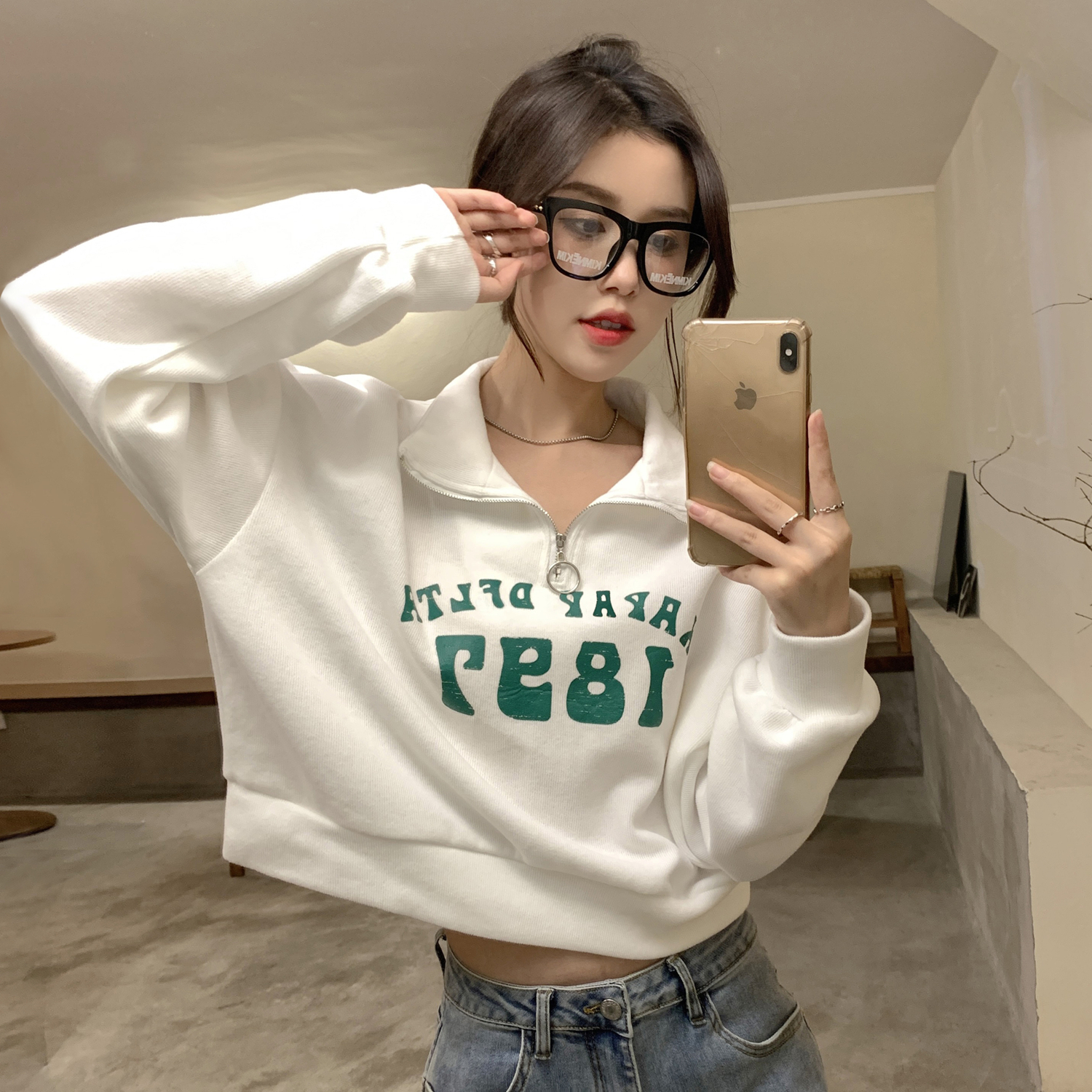 Polo neck short long sleeve sweater women's loose zip coat