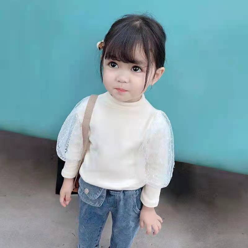 Girls' bottomed shirt spring new children's Korean version foreign style T-shirt wood ear edge girl baby lace long sleeve top fashion