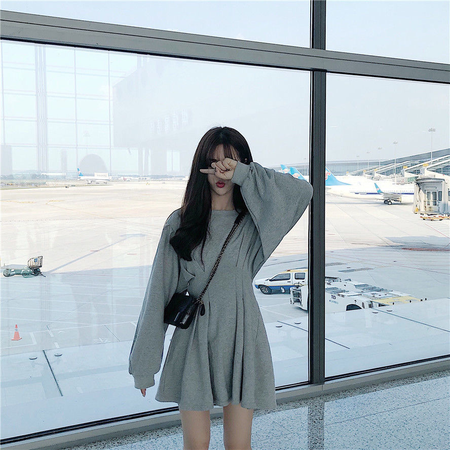 Skirt new dress autumn dress long sleeve medium length A-line skirt shows thin waist and foreign style