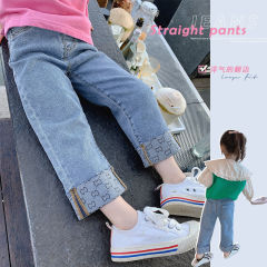 Girls autumn 2021 new denim pants children's spring and autumn style foreign style Korean sports pants children's baby pants