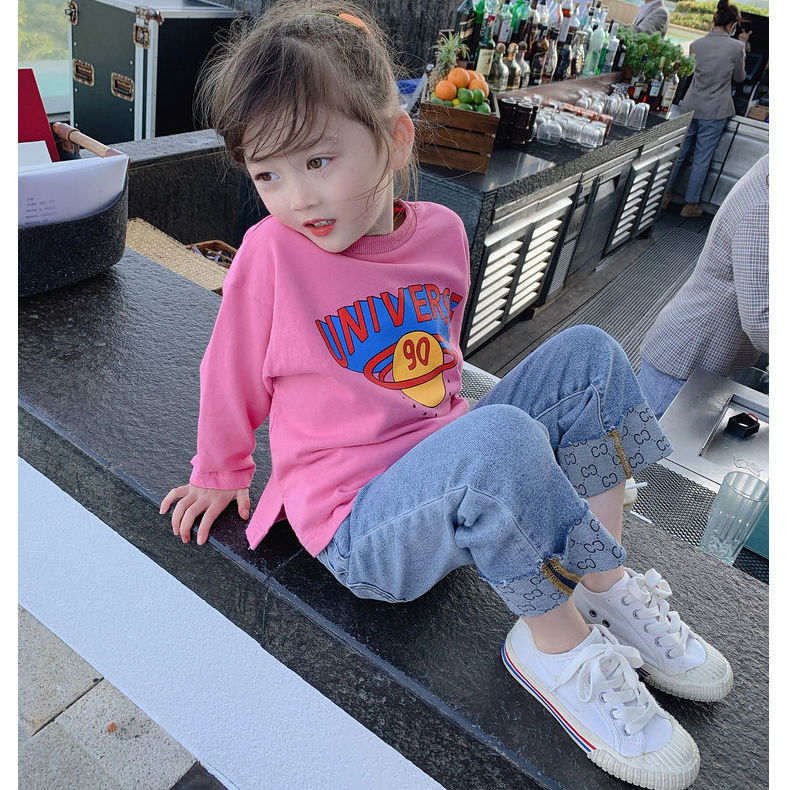 Girls autumn 2021 new denim pants children's spring and autumn style foreign style Korean sports pants children's baby pants