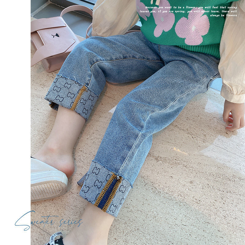 Girls autumn 2021 new denim pants children's spring and autumn style foreign style Korean sports pants children's baby pants