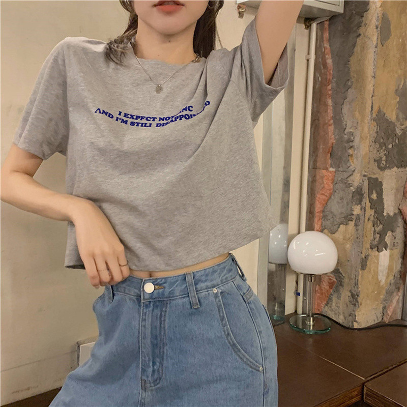 Summer Korean new loose short, careful machine exposed navel letter printing super fire short sleeve T-shirt